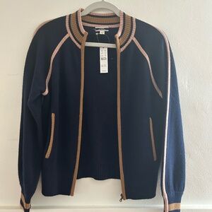 NWT JCREW Cashmere Zip-up track jacket style sweater, Navy/Tan/Pink, size XXS